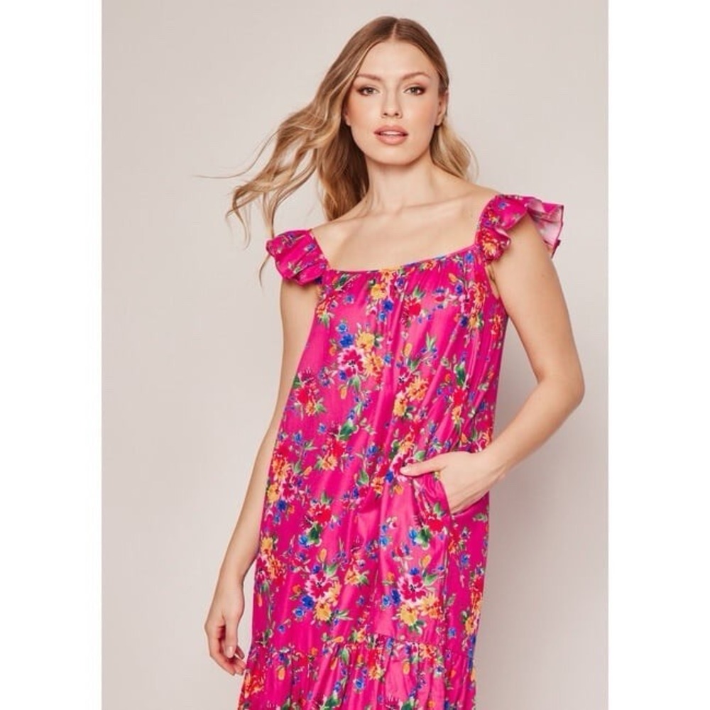 🌺 Petite Plume Floral Midi Ruffle Dress, Bright Pink